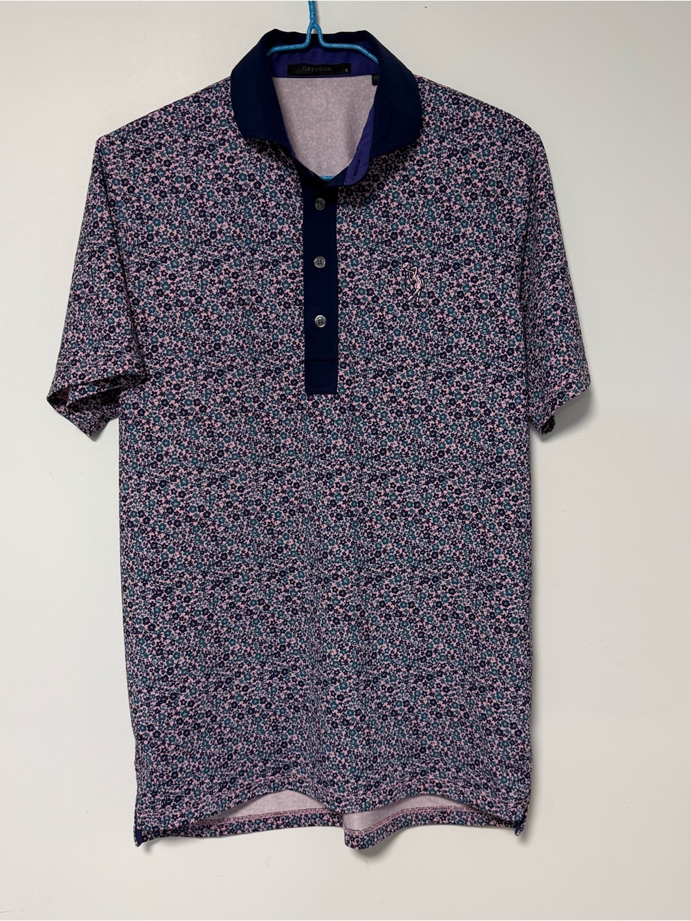Greyson Men's Small Floral Golf Polo Pink Navy Teal Performance Short Sleeve